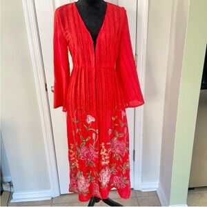 Pia Rossini Zella Kimono Swim Coverup Red Boho Embroidered Floral NWT Size Small